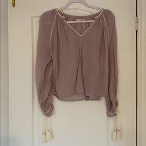 Lilac blouse, with lovely white trim and tassels